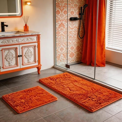 Orange Bathroom Rugs 2 Pieces Bright Orange Bath Rugs Fall Shower Rugs with Small Rug Contour Toilet Mat Absorbent Chenille Plush Bath Mats Non Slip Bath Rugs Bathroom Floor Mats Bath Mat Set