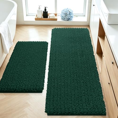 ACCUMTEK Upgrade Luxury 2 Piece Deep Green Toilet Bathroom Rug Mat 48"x20"+24"x17", Ultra Soft Thick Absorbent Bath Mats, Non Slip Chenille Toilet Mat for Bathroom, Bedroom, Kitchen, Shower, Tub
