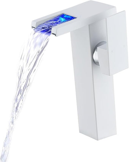 LED Waterfall Bathroom Sink Faucet, 3 Colors Spout Faucet with Water Supply Hose, Single Handle Single Hole Slanted Body Brass Mixer Vanity Sink Tap (White