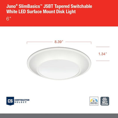 Juno SlimBasics 6 Inch LED Ceiling Light, LED Surface Mount Downlight for Shower Light or Closet Lighting, Selectable White Color, Tapered Trim, Wet Rated, Matte White (JSBT 6IN SWW2 90CRI WL MW M6)