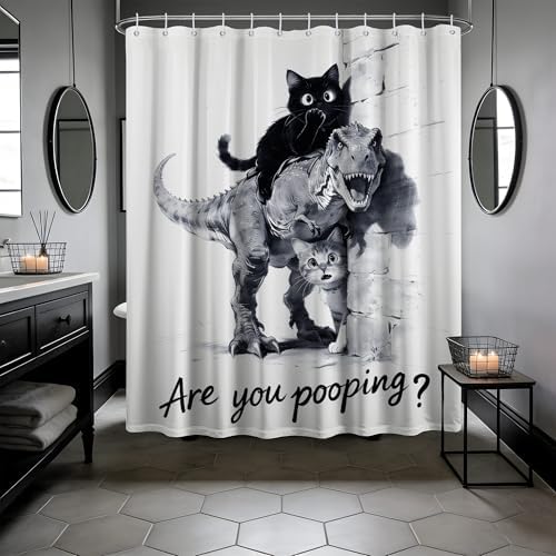 Black Cat Riding Dinosaur Shower Curtain Dino, 70x72 Inchs