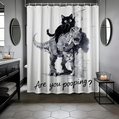 Black Cat Riding Dinosaur Shower Curtain Dino, 70x72 Inchs