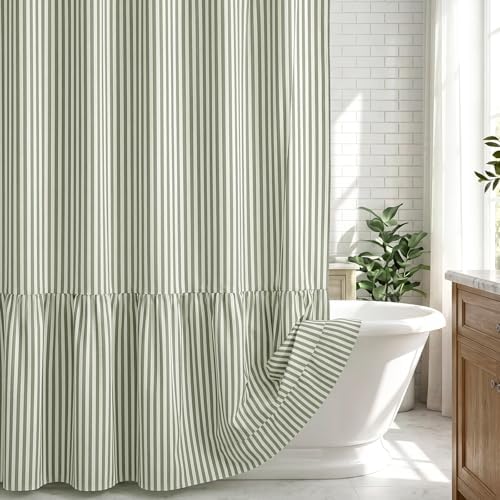 HunnmingRe Sage Green Farmhouse Striped Shower Curtain Ruffle Hem 72x72''