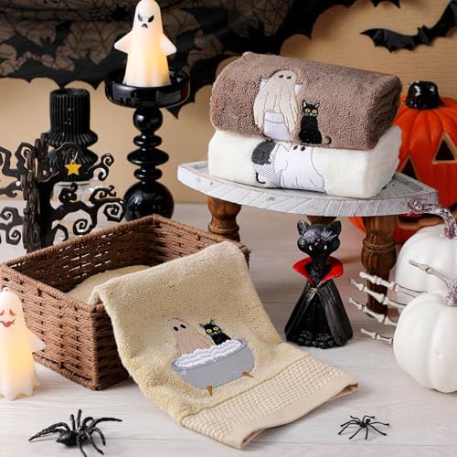 FuWeave 3 Pcs Brown Halloween Ghost Cat Hand Towels for Bathroom