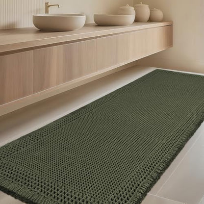 Extra Large Waffle Bath Mat, Boho Woven Modern Bath Rug Absorbent Non Slip, Ultra Soft Bathroom Mats, Machine Washable Knit Bath Rugs with Border for Bathroom, Bedroom, Kitchen, 6'x2', Dark Green