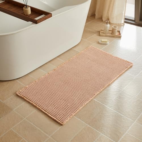 Triohero Waffle Bath Mat, Boho Bathroom Rugs Non Slip, 24x48 Light Peachy