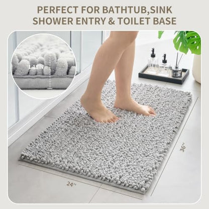 Bathroom Rugs Non Slip Washable 36x24, Extra Thick Soft Chenille Absorbent Bath Mat, High Density Barrier Non Slip Backing, Quick Dry Plush Shaggy Floor Carpet for Tub&Shower, Silver