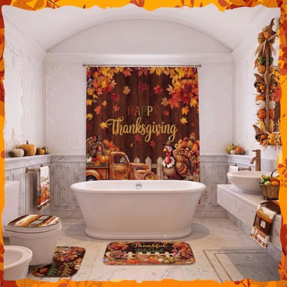 FuWeave 8 Pcs Happy Thanksgiving Shower Curtain Set, Rustic Turkey Pumpkin Farmhouse Bathroom Decor, Non-Slip Bath Rug, U Mat, Toilet Lid Cover, Hand Towels & 12 Hooks, Autumn Fall Harvest Home Decor