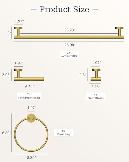 Brushed Gold Bathroom Hardware Set 10 Pieces Stainless Steel | Evolvegoods Bathroom Hardware Set, Includes 26 inch Towel Bar, 4 Towel Hook, 2 Towel Ring Toilet Paper Holder