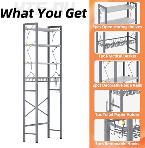 Over-The-Toilet Storage Rack, 4-Tier Bathroom Organizer Shelf Over Toilet with Adjustable Shelf and Basket, Freestanding Space Saver Bathroom Shelves Above Toilet for Room (Gray White)