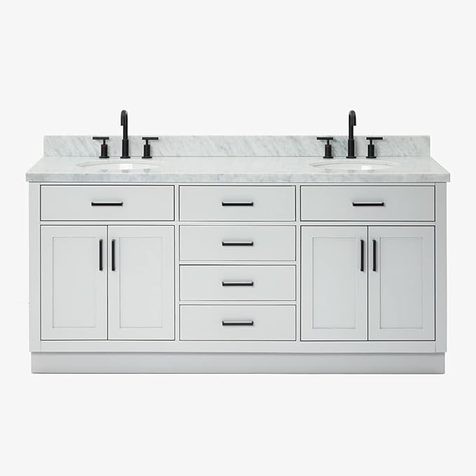 ARIEL Hepburn 72-inch Bathroom Vanity with Sink,Solid Wood, 1.5-inch Italian Carrara Marble Countertop & Backsplash, Double Oval Porcelain Sink, 4 Soft Closing Doors, 6 Dovetail Drawers, Grey