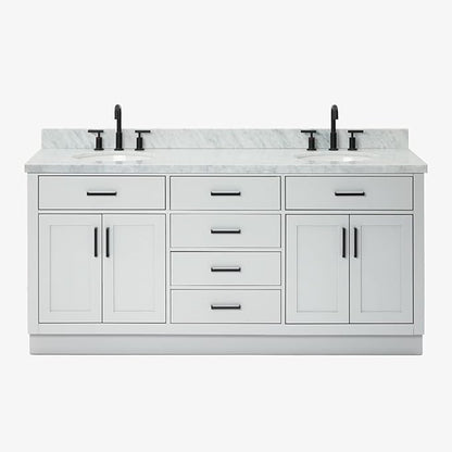 ARIEL Hepburn 72-inch Bathroom Vanity with Sink,Solid Wood, 1.5-inch Italian Carrara Marble Countertop & Backsplash, Double Oval Porcelain Sink, 4 Soft Closing Doors, 6 Dovetail Drawers, Grey