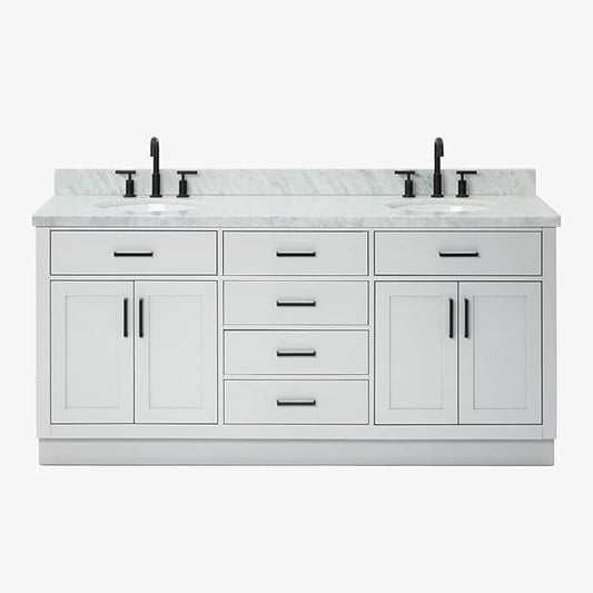 ARIEL Hepburn 72-inch Bathroom Vanity with Sink,Solid Wood, 1.5-inch Italian Carrara Marble Countertop & Backsplash, Double Oval Porcelain Sink, 4 Soft Closing Doors, 6 Dovetail Drawers, Grey