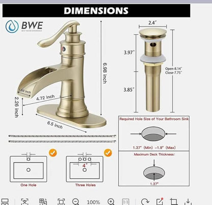 BWE Brushed Gold Bathroom Faucet Waterfall Bathroom Sink Faucet with Pop Up Drain Single Handle Deck Plate for 1 or 3 Hole Vanity Farmhouse Mixer Tap 1.2 GPM [Fits All States, California Included]