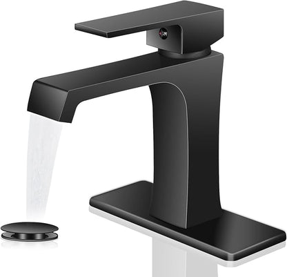 Waterfall Bathroom Faucet Black Bathroom Sink Faucet, Modern Single Hole Bathroom Faucet, Single Handle RV Sink Vanity Faucet—Includes Pop-Up Drain, Suitable for 1-Hole or 3-Hole