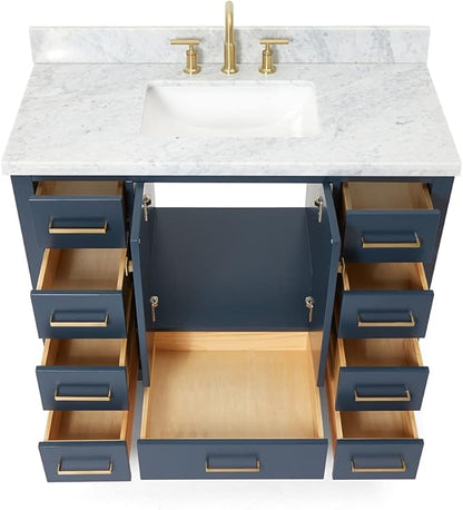 ARIEL Cambridge 42-inch Bathroom Vanity with Sink,Solid Wood, 1.5-inch Italian Carrara Marble Countertop, Single Rectangular Porcelain Sink, 2 Soft Closing Doors, 9 Dovetail Drawers, Midnight Blue