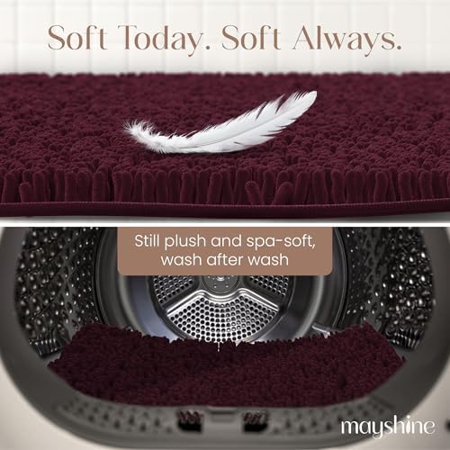 MAYSHINE Plush Shaggy Chenille Bath Mat | Extra Soft, Super Absorbent, Non-Slip Bathroom Rug | Fluffy Microfiber, Area Rug Sets for Bathroom Floor, Kitchen, Living Room | 47"x27" | Burgundy