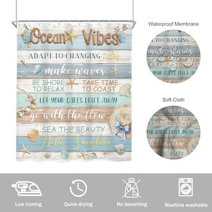 Ocean Seashell Fish Coral Vibes Blue Brown Wood Bathroom Shower Curtain Set