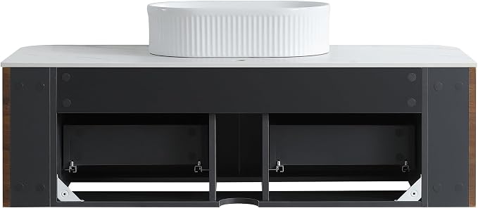 48" Floating Bathroom Vanity with White Sink, Rounded Edge, Walnut | Pre-Assembled Fluted Wall Mounted Vanity with Ceramic Vessel Sink, Rounded Edges, Soft-Close Drawer & Towel Rack