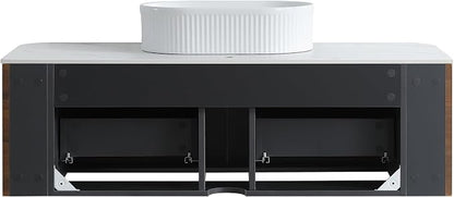 48" Floating Bathroom Vanity with White Sink, Rounded Edge, Walnut | Pre-Assembled Fluted Wall Mounted Vanity with Ceramic Vessel Sink, Rounded Edges, Soft-Close Drawer & Towel Rack