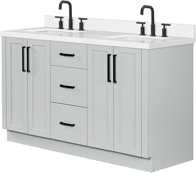 ARIEL Loren 60-inch Bathroom Vanity with Sink,Solid Wood, 1.5-inch Pure White Quartz Countertop, Double Rectangular Porcelain Sink, 4 Soft Closing Doors, 3 Dovetail Drawers, Grey