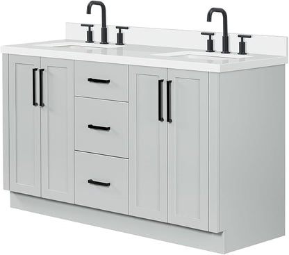 ARIEL Loren 60-inch Bathroom Vanity with Sink,Solid Wood, 1.5-inch Pure White Quartz Countertop, Double Rectangular Porcelain Sink, 4 Soft Closing Doors, 3 Dovetail Drawers, Grey
