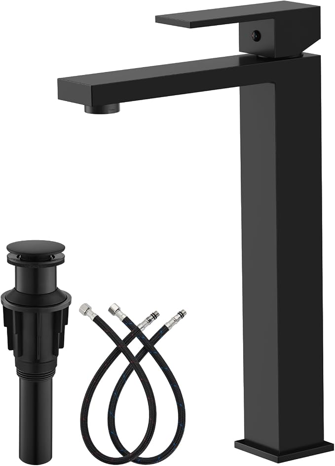 gotonovo Bathroom Vessel Sink Faucet with Pop Up Drain, Matte Black | Tall Bathroom Faucet 1 Hole Single Handle, Modern Square Body, cUPC Water Supply Line, SUS304, for Basin Vanity Restroom Rv