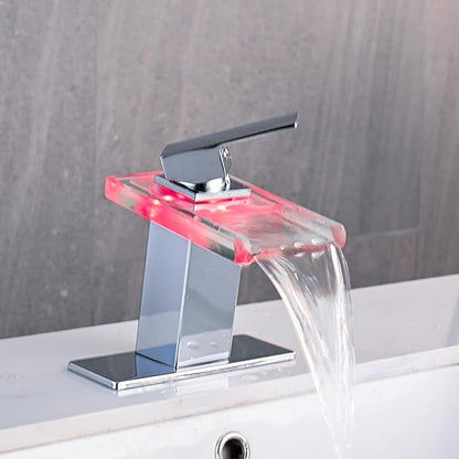LED Bathroom Sink Faucet, Chrome Waterfall Single Hole Handle Vanity Faucets for Sinks 1 Hole with Metal Pop Up Drain and 2 Water Supply Lines, Open Glass Spout