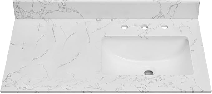 36 Inch Engineered Stone Bathroom Vanity Sink Top, with Undermount Rectangular Right Side Sink, Vanity Countertop with 8 inch Faucet Hole Spacing and Backsplash in Lightning White