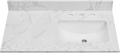 36 Inch Engineered Stone Bathroom Vanity Sink Top, with Undermount Rectangular Right Side Sink, Vanity Countertop with 8 inch Faucet Hole Spacing and Backsplash in Lightning White