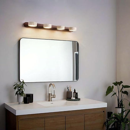 Yellow Travertine Vanity Light, 27.6" Wabi Sabi Modern Wooden Bathroom Light 360° Rotatable Natural Stone Lampshade Wall Lighting Fixture Over Mirror for Bathroom Farmhouse Home Decor (4 Lights)