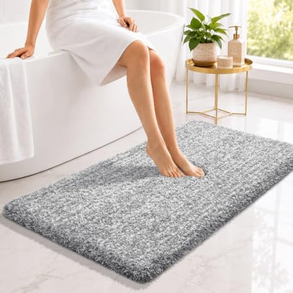 Yimobra Luxury Bathroom Rugs, Fluffy Bath Mats, Non Slip, Water Absorbent Microfiber, Machine Washable, Plush Carpet Shower Rugs, Thick Matts for Bathroom Floor&Tub, 44" X 24", Light Gray and White