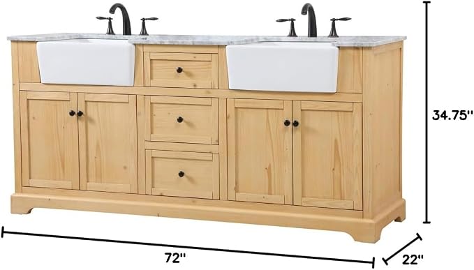 72" Pre-Assembled Bathroom Vanity with Sink, Solid Birch and MDF, Carrara White Marble Countertop Attached, Double Rectangle Porcelain Sink, 3 Soft-Close Drawers, Natural Wood