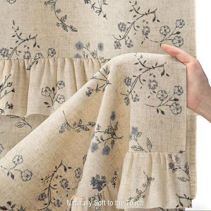 Black Floral Farmhouse French Country Ruffle Linen Shower Curtain 72Wx72H