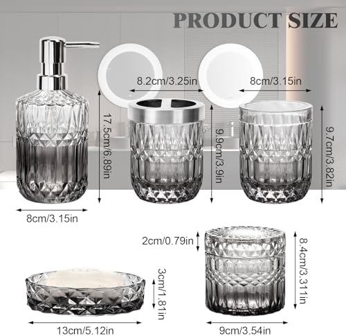 Bathroom Accessories Set, 5Pcs Bathroom Soap Dispenser Set, Glass Bathroom Accessories with Glass Soap Dispenser, Soap Dish, Toothbrush Holder, Tumbler, Cotton Swab Jar (Gradient Clear & Black)