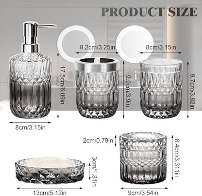 Bathroom Accessories Set, 5Pcs Bathroom Soap Dispenser Set, Glass Bathroom Accessories with Glass Soap Dispenser, Soap Dish, Toothbrush Holder, Tumbler, Cotton Swab Jar (Gradient Clear & Black)