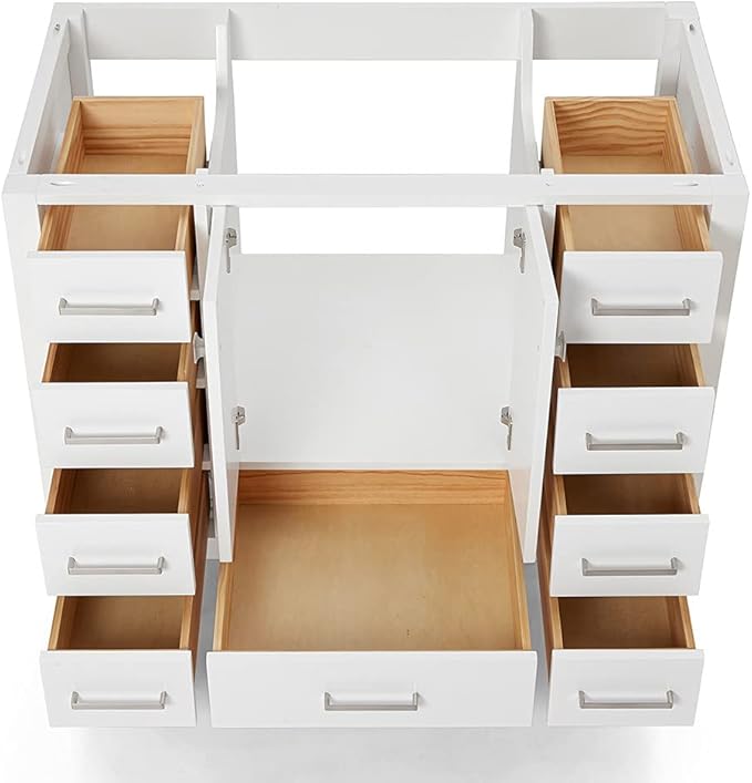 ARIEL Cambridge 42-inch Bathroom Vanity Base Cabinet,Solid Wood, 2 Soft Closing Doors, 9 Dovetail Drawers, White