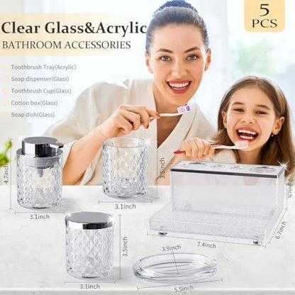 Glass Bathroom Accessories Set 5Pcs Crystal Clear- Foaming Soap Dispenser, Soap Dish, Cup, Acrylic Toothbrush Holder with Tray Organizer, Cotton Swab Jar, Bathroom Counter Set Sink Decor