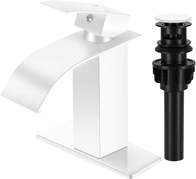 White Bathroom Faucets, Waterfall Bathroom Sink Faucet Modern Single Handle Bathroom Faucte 1 or 3 Hole, RV Mixer Tap Vanity Faucet - Includes Pop-up Drain Supply Hoses Deck Plate