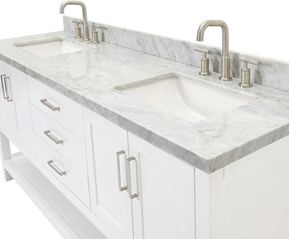 DKB Olivia 72-Inch White Double Bathroom Vanity, 1.5-Inch Edge Italian Carrara Marble Countertop & Splash, Rectangular Sinks, 4 Soft Closing Doors, 3 Dovetail Drawers, Open Shelf, Brushed Nickel