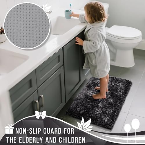 Yimobra Chenille Bathroom Rugs Non Slip, Extra Thick Soft Absorbent Bath Rug, Machine Washable Quick Dry Bath Mat for Bathroom Floor, Tub and Shower, Home Decor Accessories, 24x17, Dark Grey