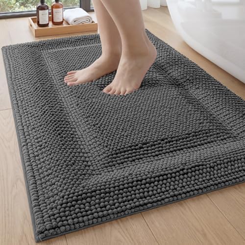 DEXI Bathroom Rugs 36x24, Non Slip Washable Chinelle Bath Mat, Dark Grey