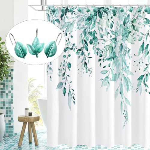 Teal Plant Leaf Shower Curtain Hooks,Eucalyptus Bathroom Decor,12PCS
