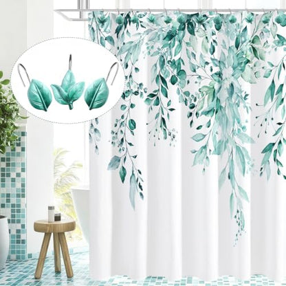 Teal Plant Leaf Shower Curtain Hooks,Eucalyptus Bathroom Decor,12PCS