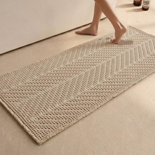 Sunfly Waffle Runner Rug Bathroom, Boho Bath Mat Super Absorbent & Quick Dry, Non-Slip Washable with Tassels, Ultra Soft Farmhouse Long Bathroom Rug 24"x60" Beige