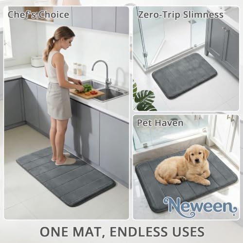 Neween Bathroom Rugs Set 3 Piece, Absorbent Memory Foam Bath Mat, Dark Grey