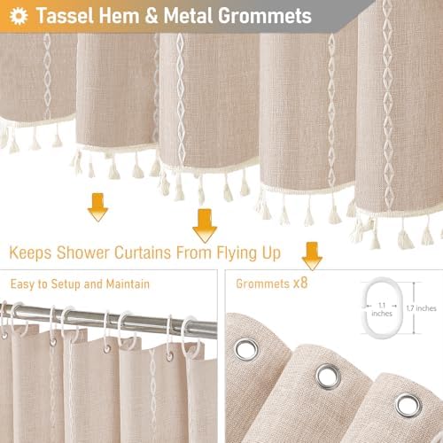 BTTN 48 x 72 Boho Linen Heavy Duty Cloth Shower Curtain Set, Tan/Taupe