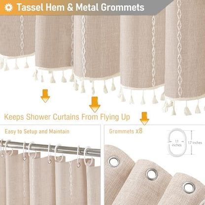 BTTN 48 x 72 Boho Linen Heavy Duty Cloth Shower Curtain Set, Tan/Taupe