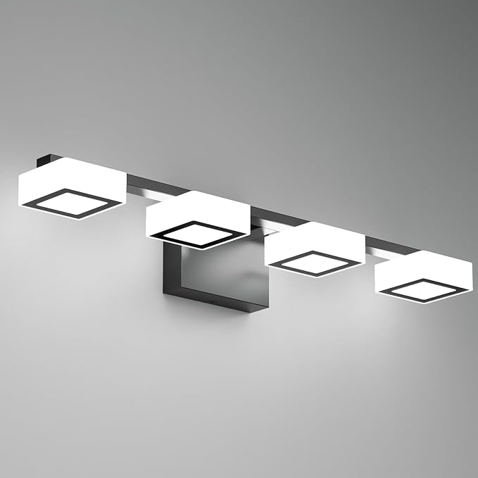 LED Modern Bathroom Light Fixtures Over Mirror, 4-Light Dimmable Vanity Lights, Matte Black Acrylic Bathroom Vanity Light, 2700K-6500K Adjustable, ETL Certificated