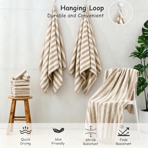 18 Pcs Light Brown Beige Cabana Stripe Bath Towel Set with Hanging Loop-6 Bath Towels,6 Hand Towels,6 Washcloths Family Towels Soft Microfiber Highly Absorbent Shower Towel for Bathroom Beach Spa Gym